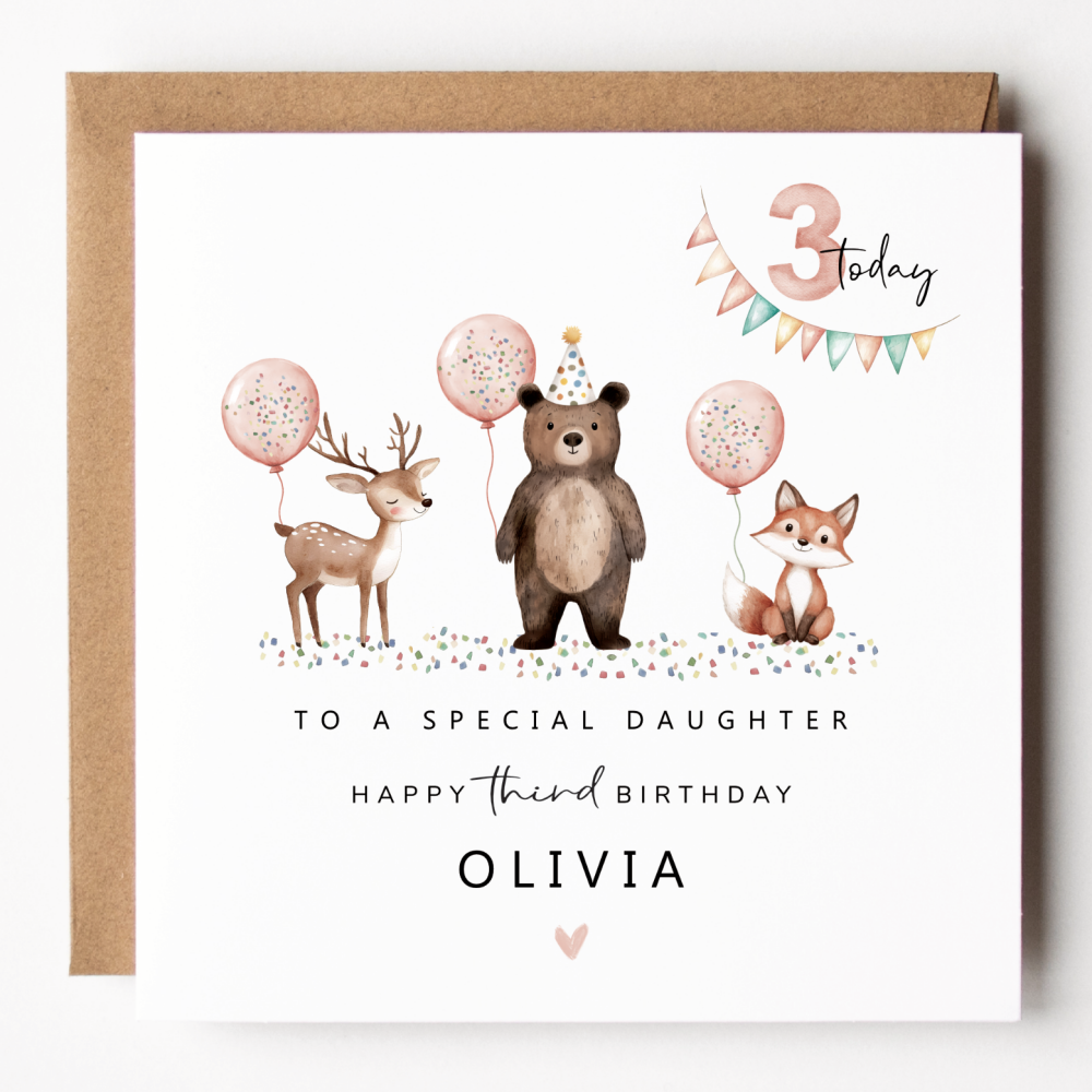 Girls Woodland Party 3rd Birthday Card
