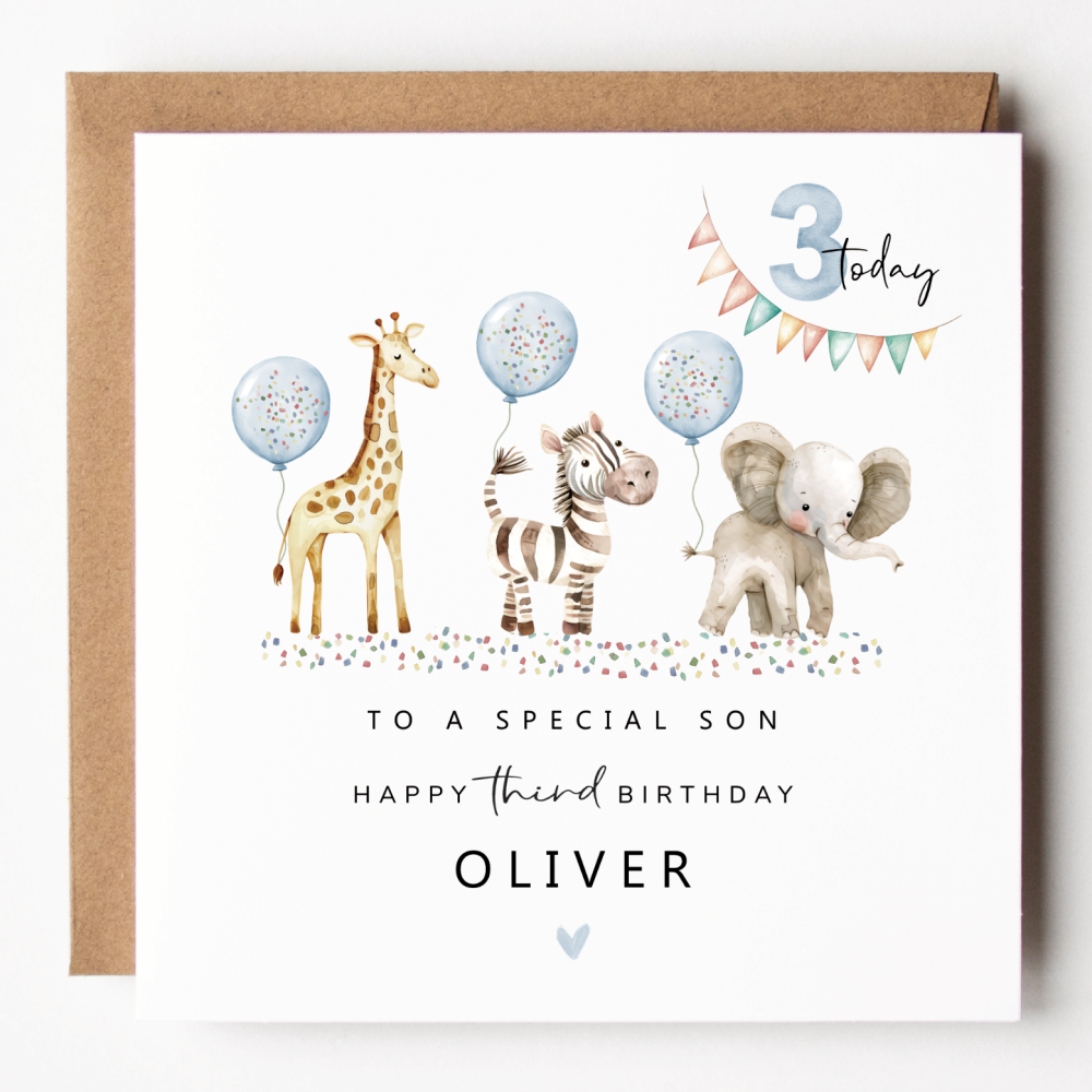 Boys Safari Party 3rd Birthday Card