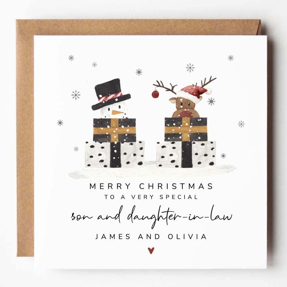 Personalised Son and Daughter-In-Law Reindeer/Snowman Christmas Card