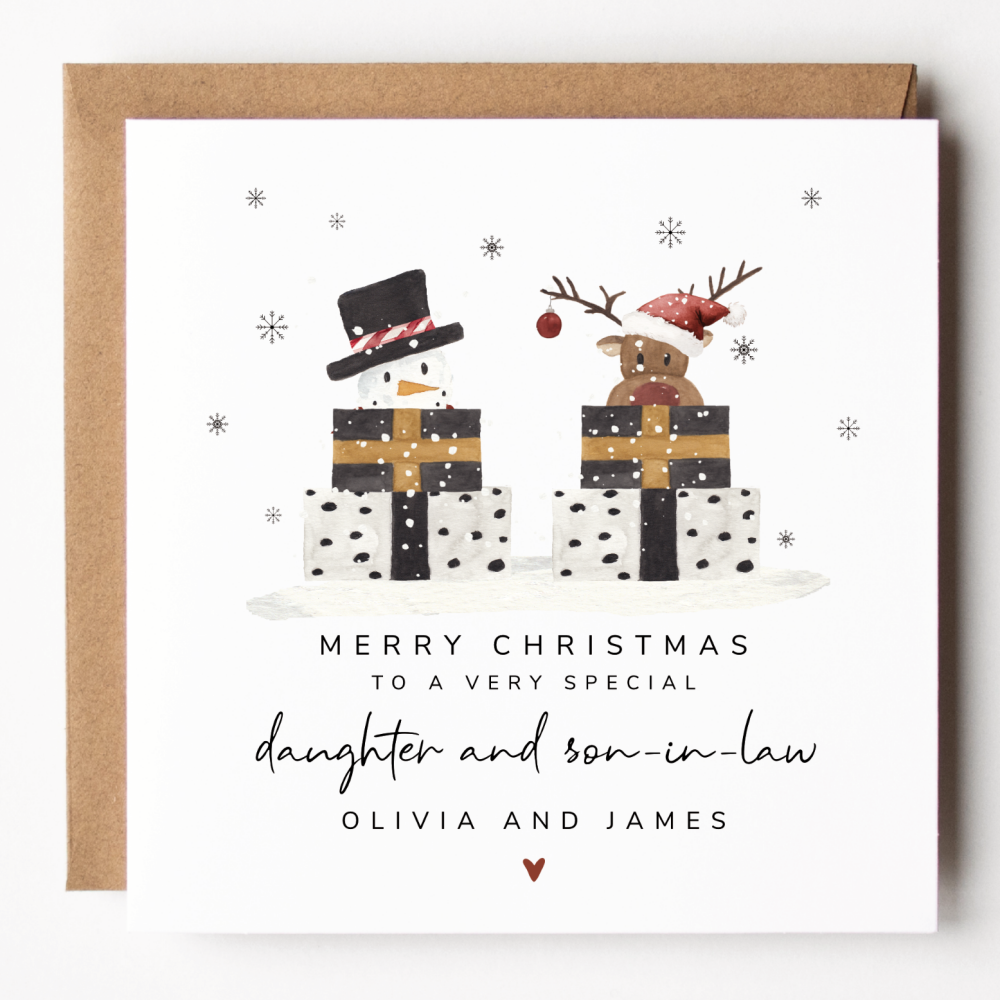 Personalised Daughter and Son-In-Law Reindeer/Snowman Christmas Card