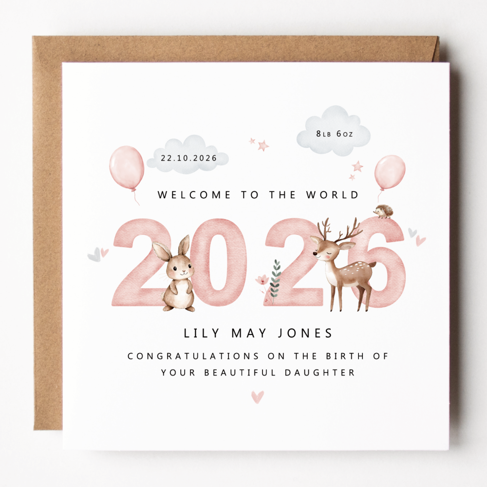2026 Woodland New Baby Girl Card