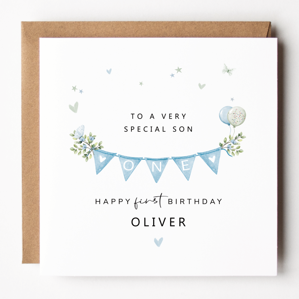 Personalised Boy 1st Birthday Card | Blue Bunting Design