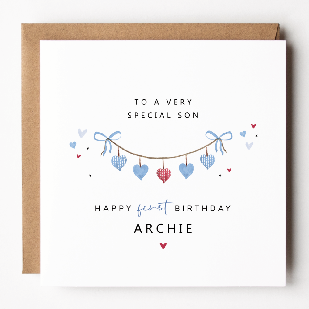 Personalised Boy 1st Birthday Card | Blue Heart Bunting Design