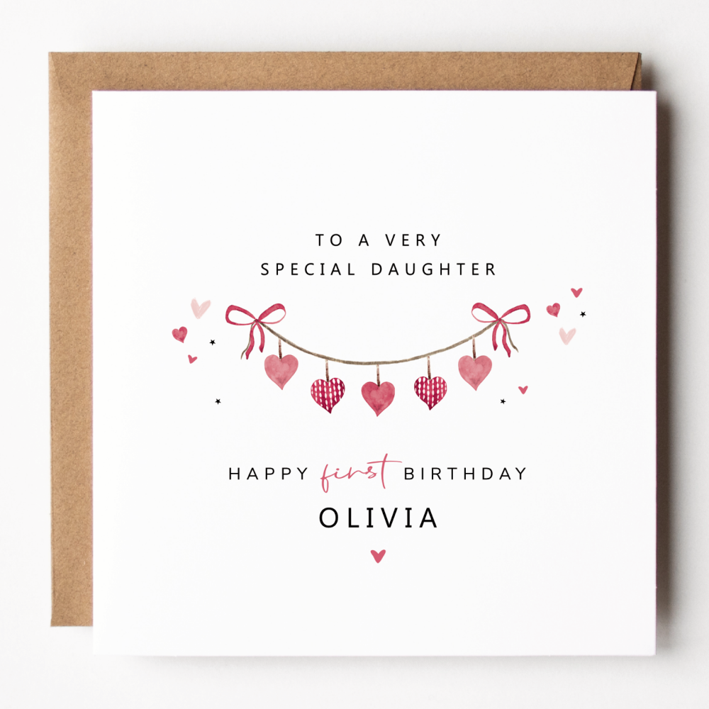 Personalised 1st Birthday Card For Girl | Pink Heart Bunting Design