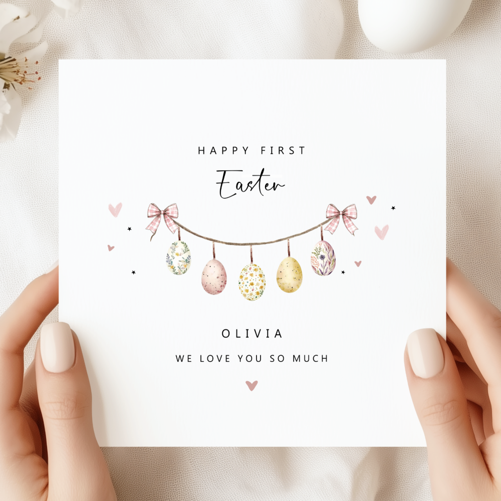 Personalised Baby&rsquo;s 1st Easter Card | Cute Egg Garland Design For Girl
