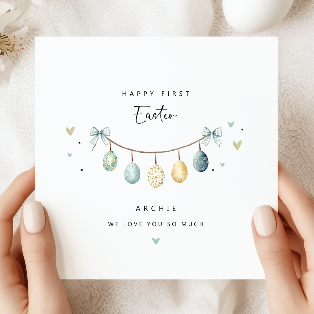 Personalised Baby&rsquo;s 1st Easter Card | Cute Egg Garland Design For Boy