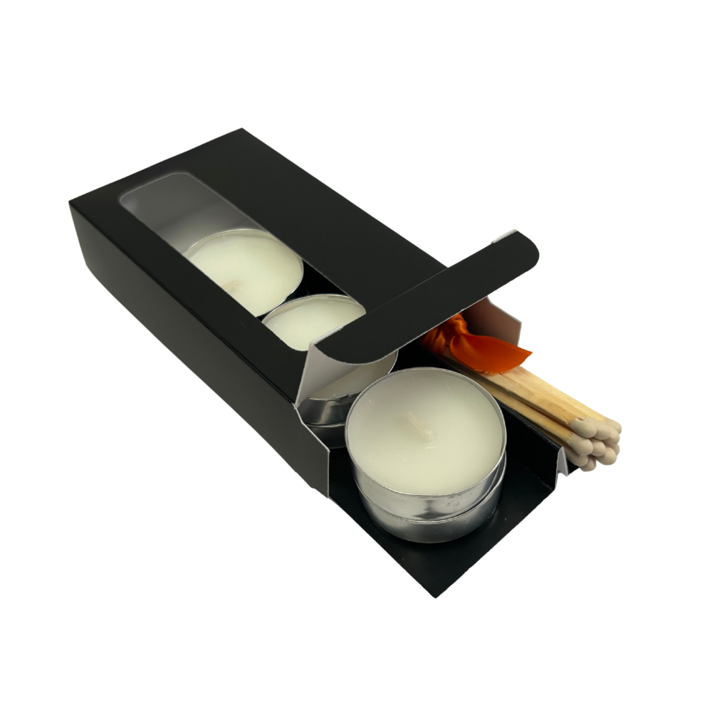 Tealight Match Box with 6pk Insert, Match Section, Strike Strip & Window Lid - 120 x 70 x 27mm