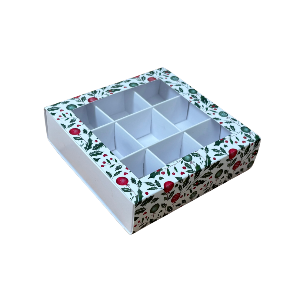 Christmas Holly Square Box Small with 9pk Insert & Aperture Lid - 118 x 118 x 30mm