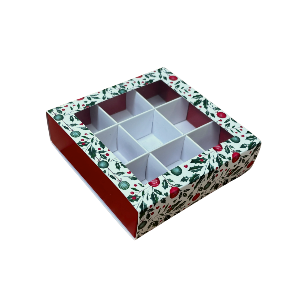 Christmas Holly Square Box Small with 9pk Insert & Aperture Lid - 118 x 118 x 30mm