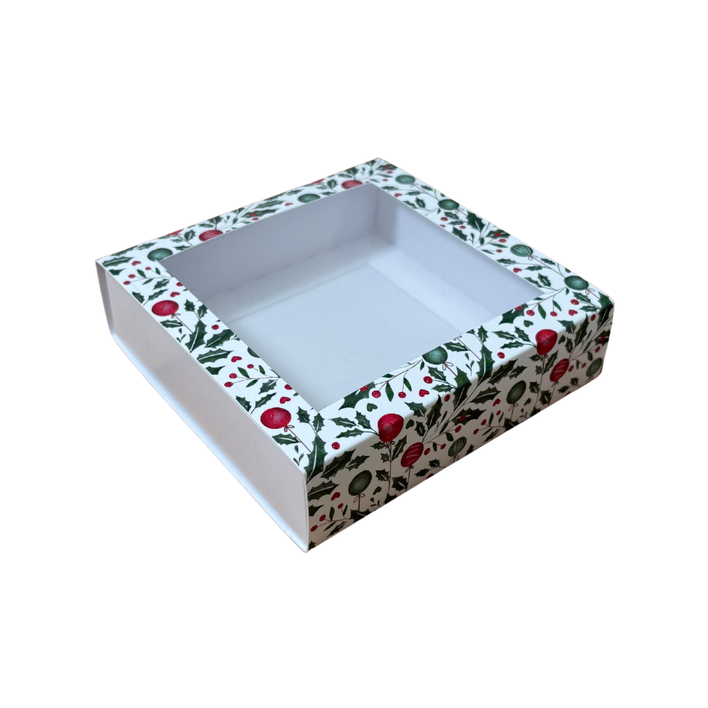 Christmas Holly Square Box Small with Aperture Lid - 118 x 118 x 30mm