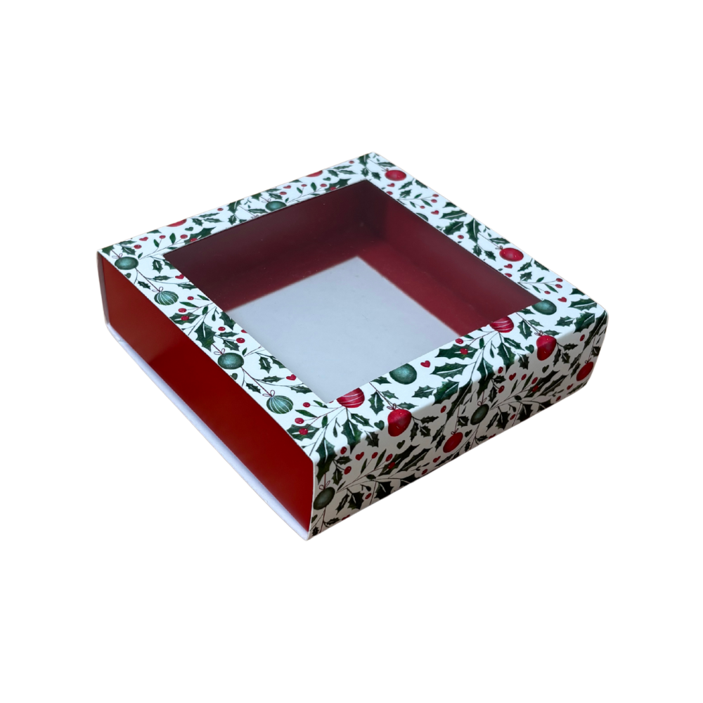 Christmas Holly Square Box Small with Aperture Lid - 118 x 118 x 30mm