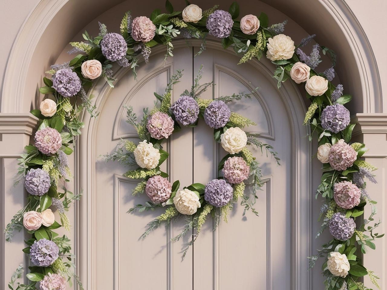 beautiful artificial garland over an arched  georgian door with a ventral wreath summer flowers subtle and realistic.jpg