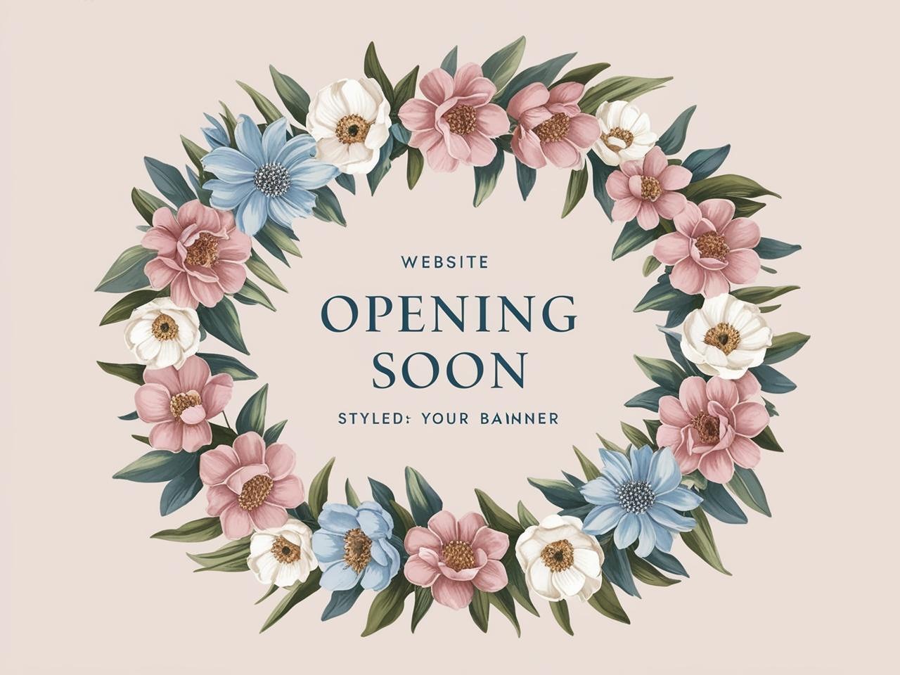 website opening soon banner with floral  surround dusky pinks, blues whites