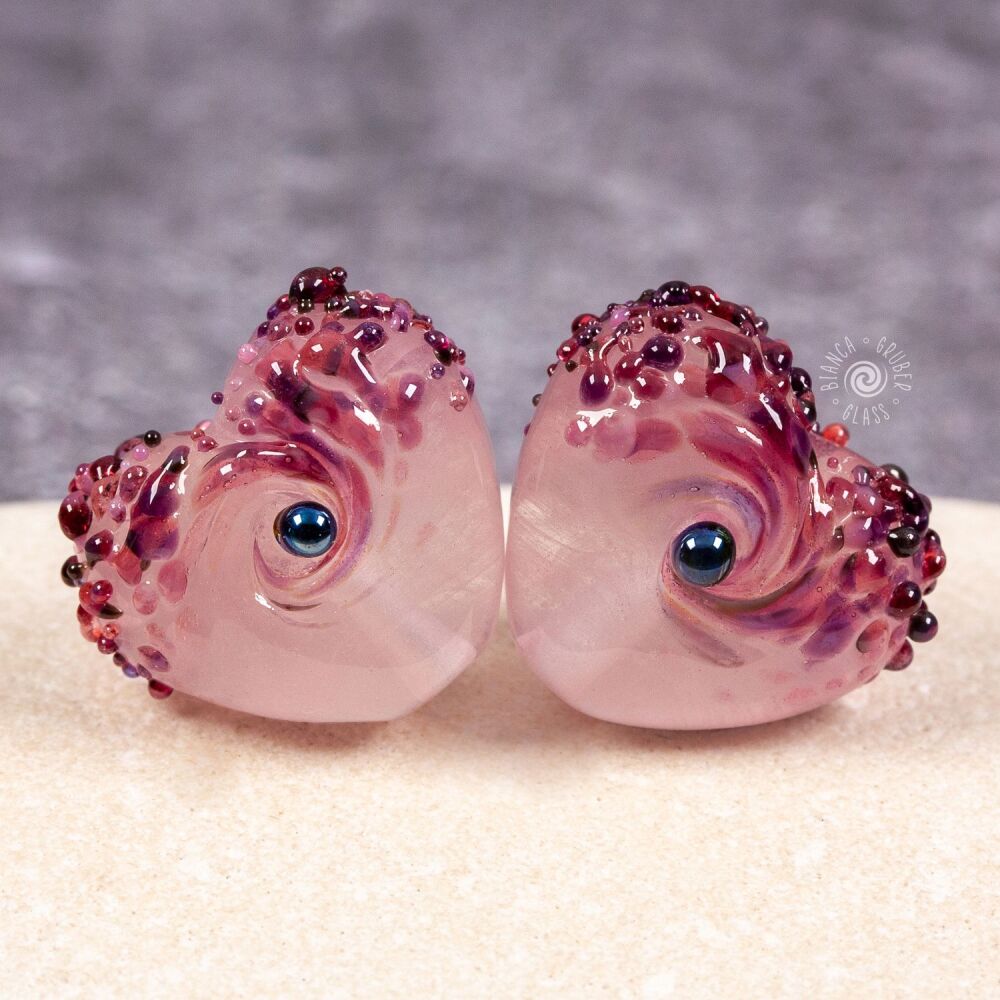 Small heart frit bead pair - red wine