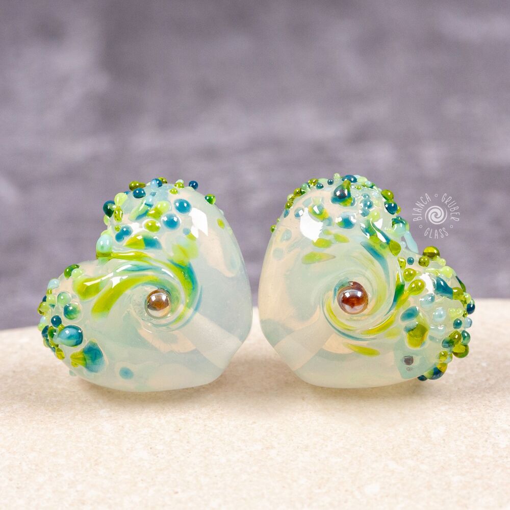 Small heart frit bead pair - spring greens