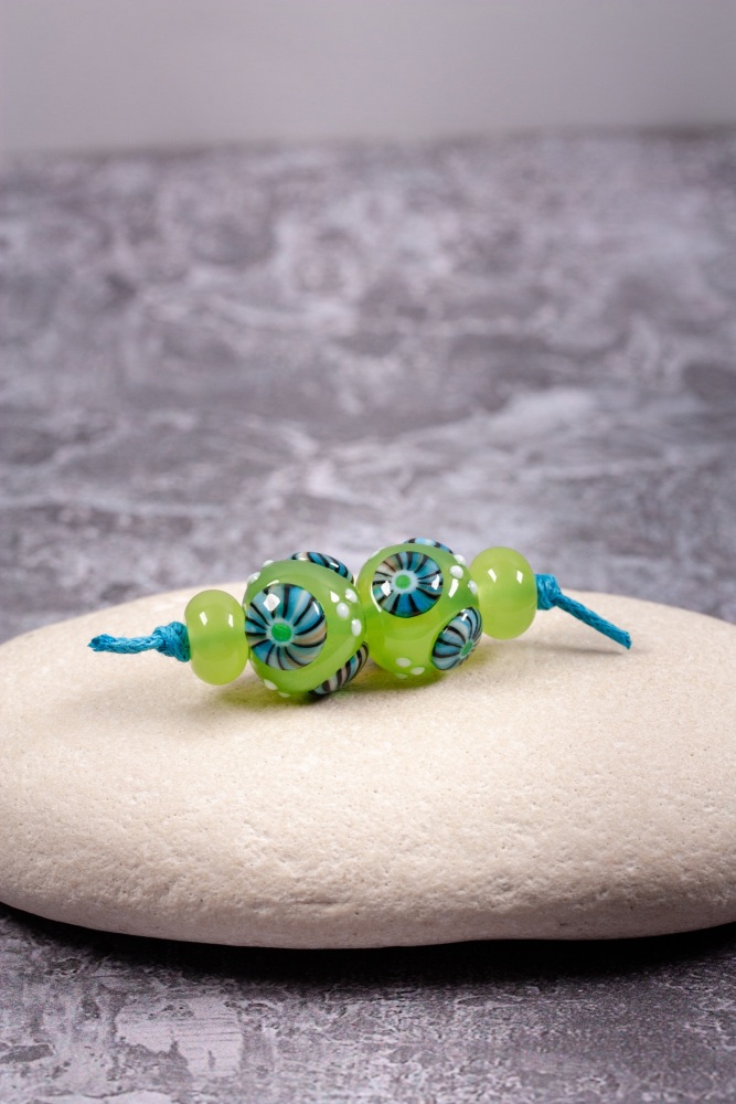 Green with colourful frit murrini bead set pairs