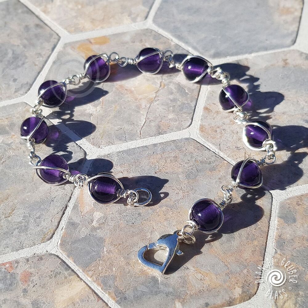Sterling silver and glass beaded bracelet - purple