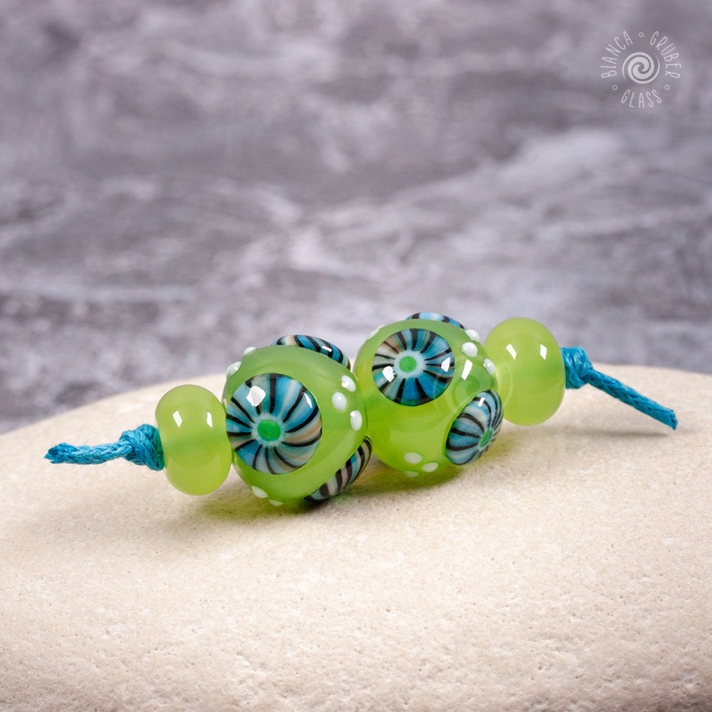 Green with colourful frit murrini bead set pairs