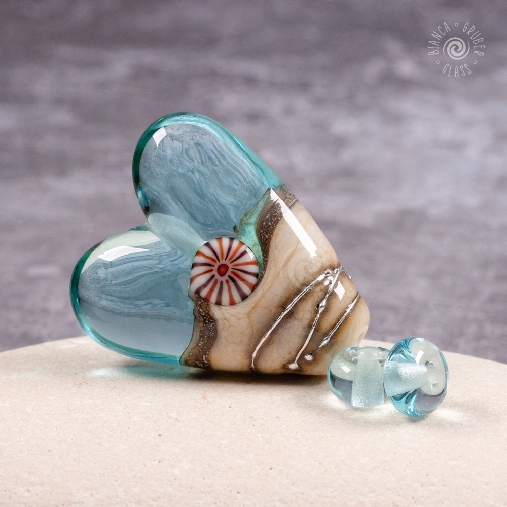 Pale aqua blue heart with Murrini with matching spacers - Large