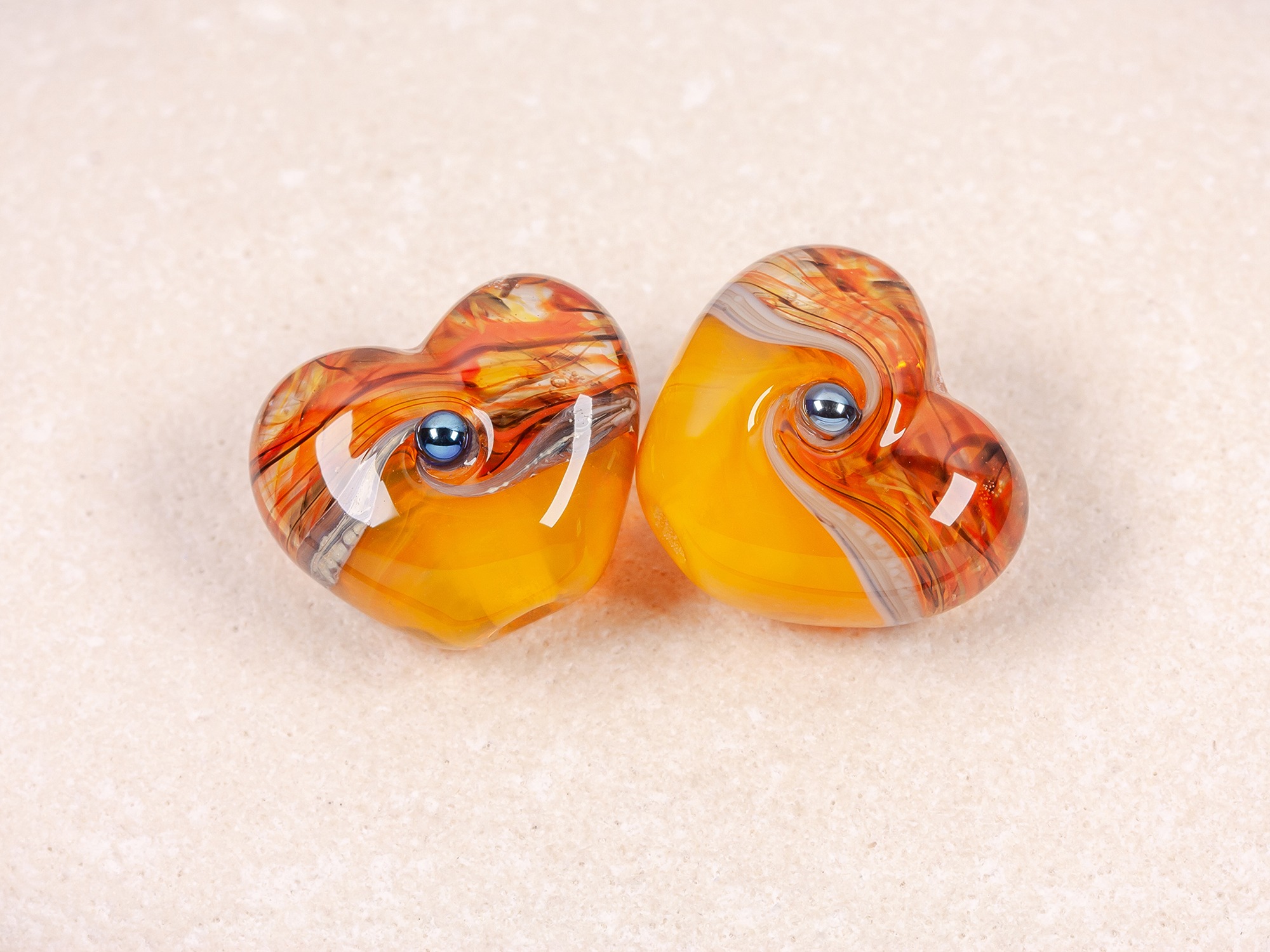 mini warm yellow and orange pair of small heart beads perfect for earring makes