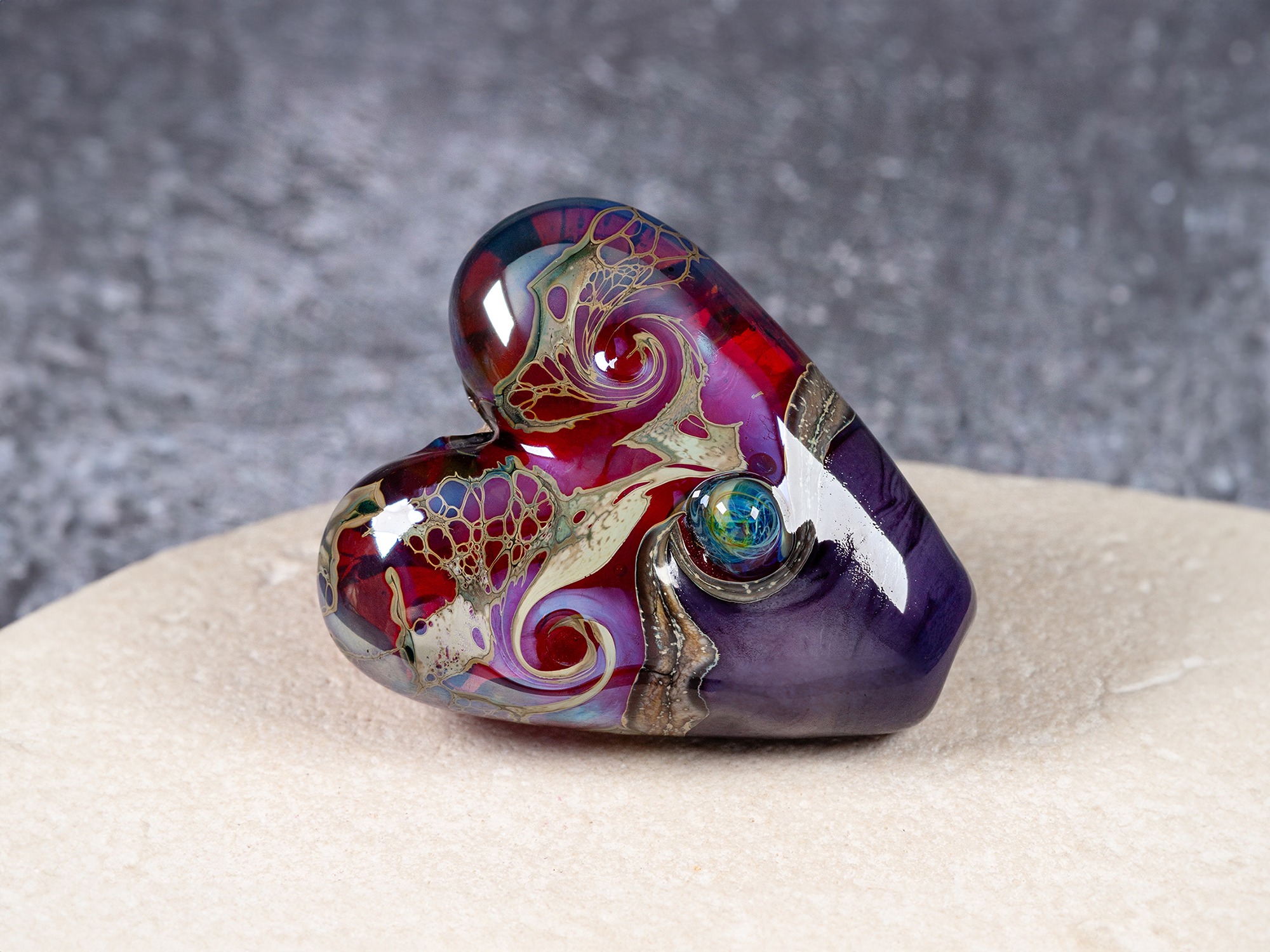 silver glass heart bead in pink and purple