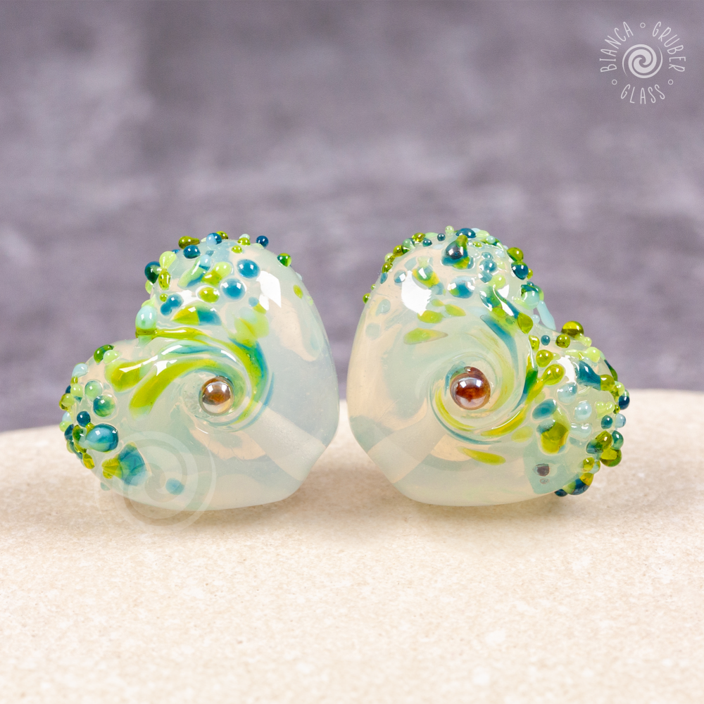 Small heart frit bead pair - spring greens