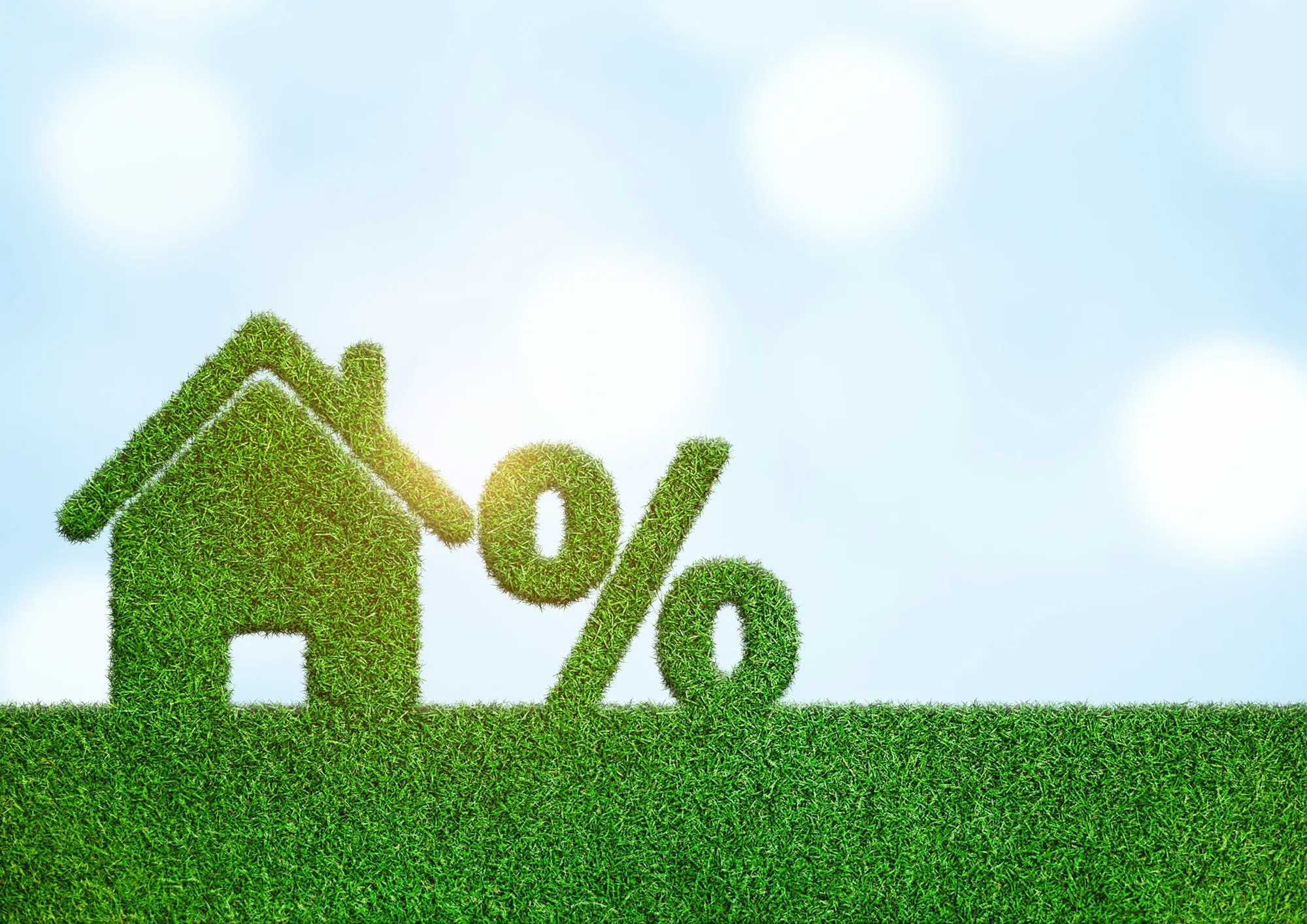 Image of a house, percentage symbol and lawn with a grassy green background, against a blue sky.