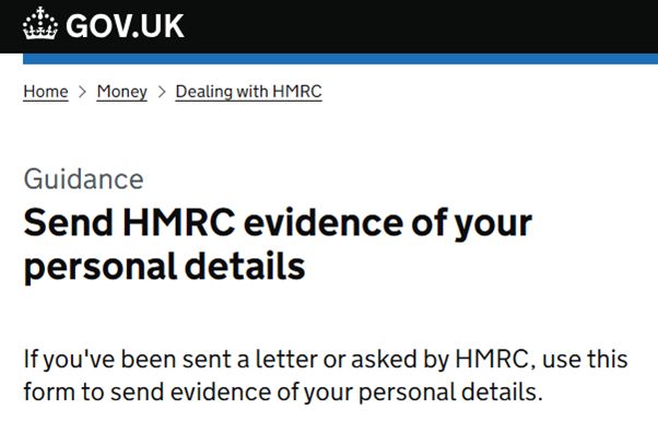 HM Revenue and customs form landing page title reads send HMRC evidence of your personal details with text that reads if you've been sent a letter or asked by HMRC, use this form to send evidence of your personal details.