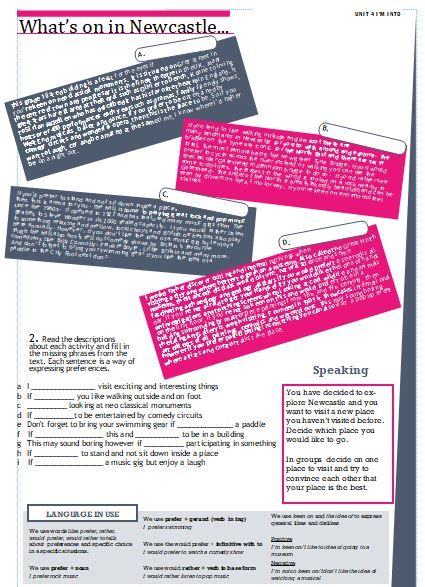 sample of unit 4 page 2, title reads Whats on in Newcastle, includes grey and pink blocks of text in white with instructions for this speaking task and  a gap fill reading exercise and a  list of language in a grey box at the bottom of the page title language in use.