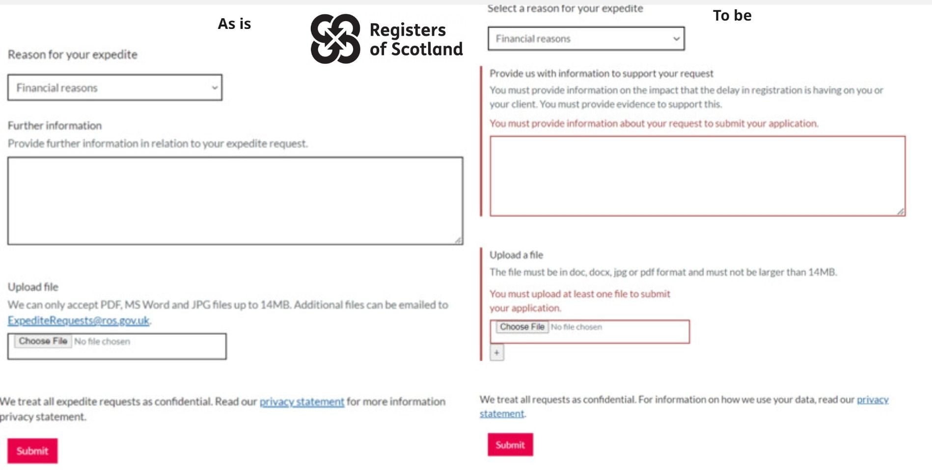 Registers of Scotland logo and 2 images of the form as is version and to be version which includes the new error message designed to support users to submit evidence before submitting the form.