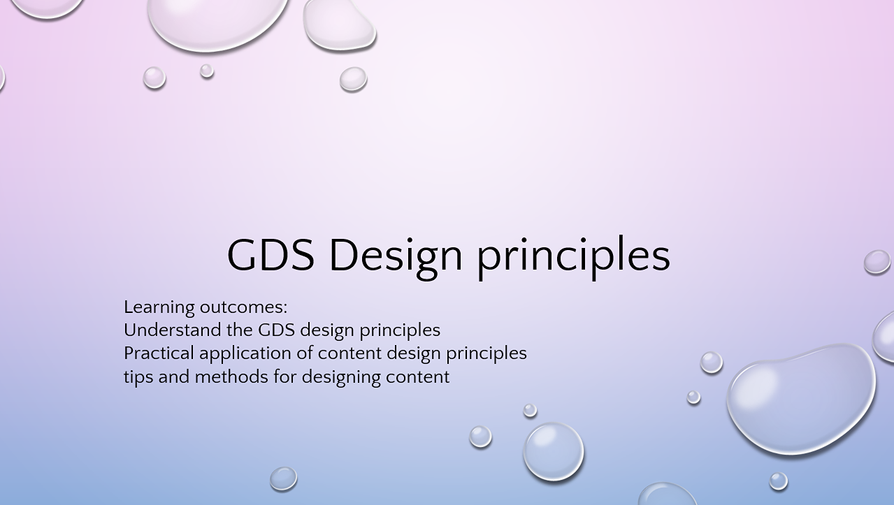 a sample of learning material showing a slide title GDS design princples, and list of learning outcomes underneath.