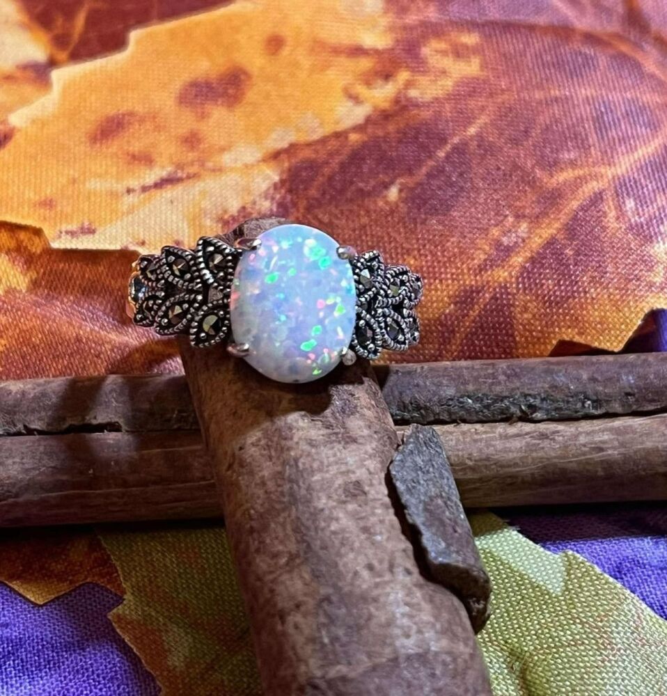925 Sterling Silver fire opal and marcasite ring
