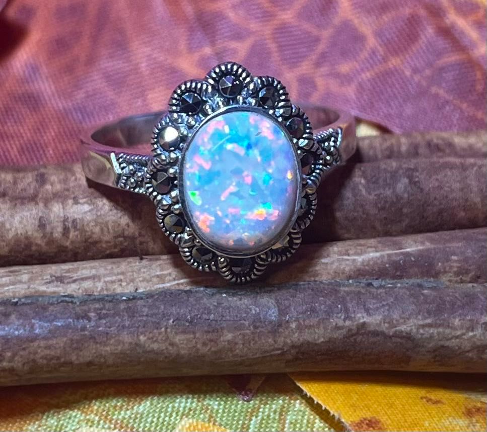 925 Sterling Silver fire opal and marcasite ring