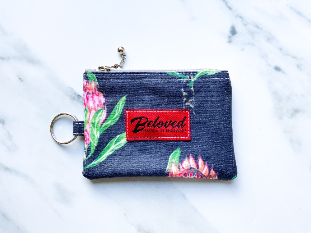 Charcoal and pink protea key purse