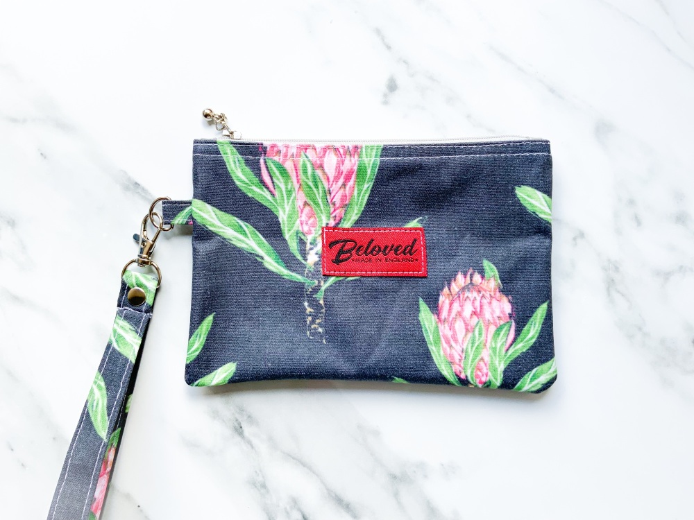 Charcoal and pink protea travel pouch/purse