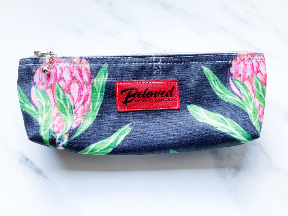 Charcoal and pink protea skinny cosmetic bag