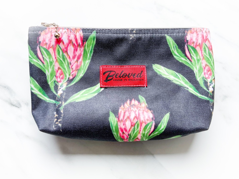 Charcoal and pink protea medium cosmetic bag