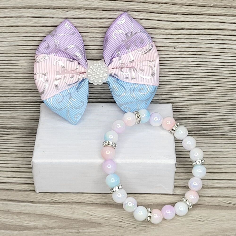 Mini Gift Set – Blue, Pink & Lilac Hair Bows with Matching Pastel Bracelet | Girls Accessory Set