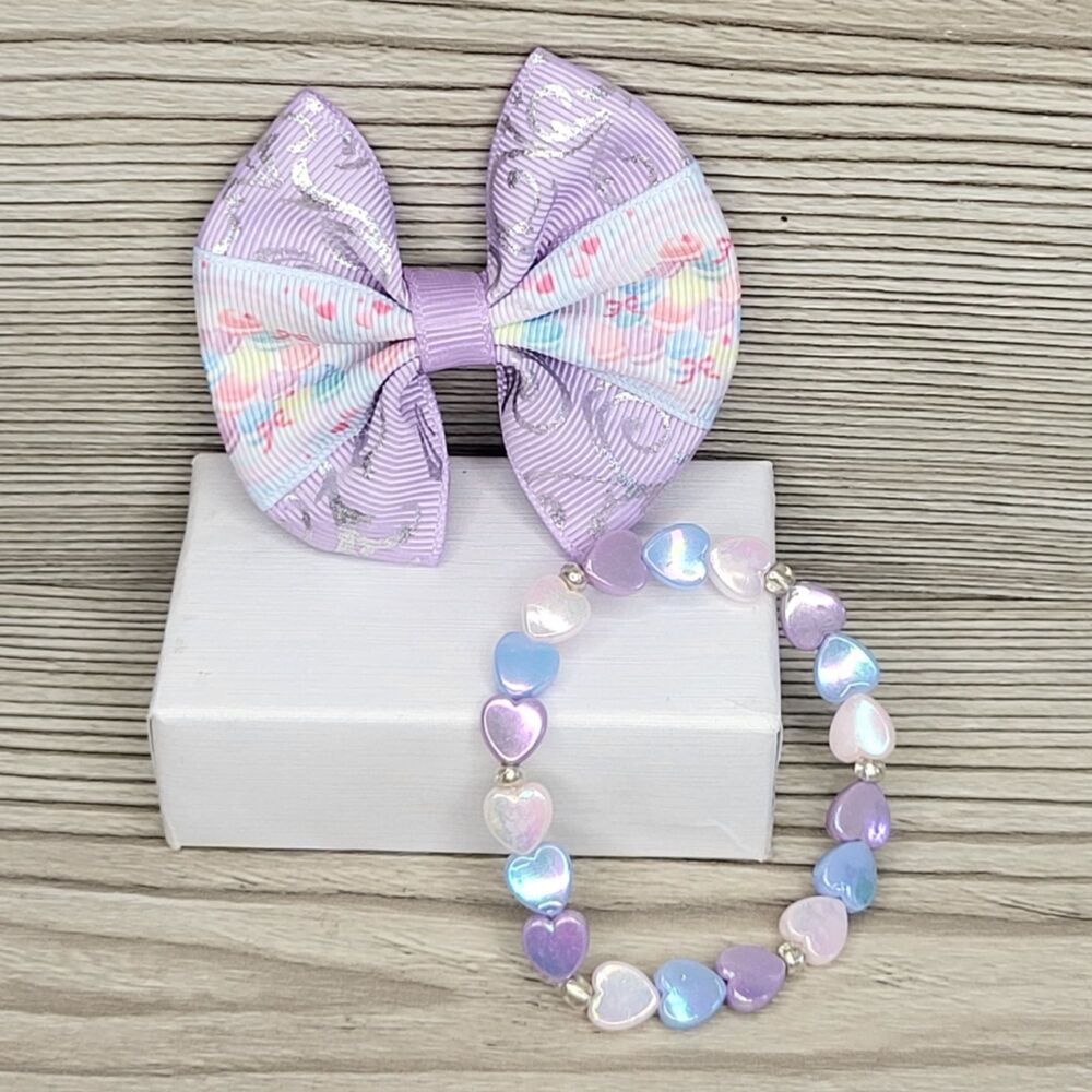 Mini Gift Set – Lilac & Macaron Hair Bows with Heart Bracelet | Girls Pastel Accessory Set