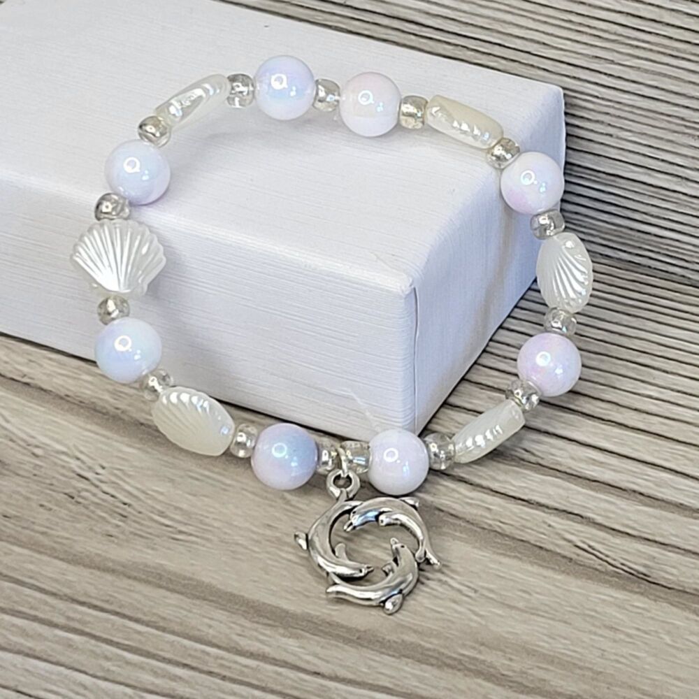 Dolphin Charm Bracelet for Kids - Shell & Iridescent Pastel Beads