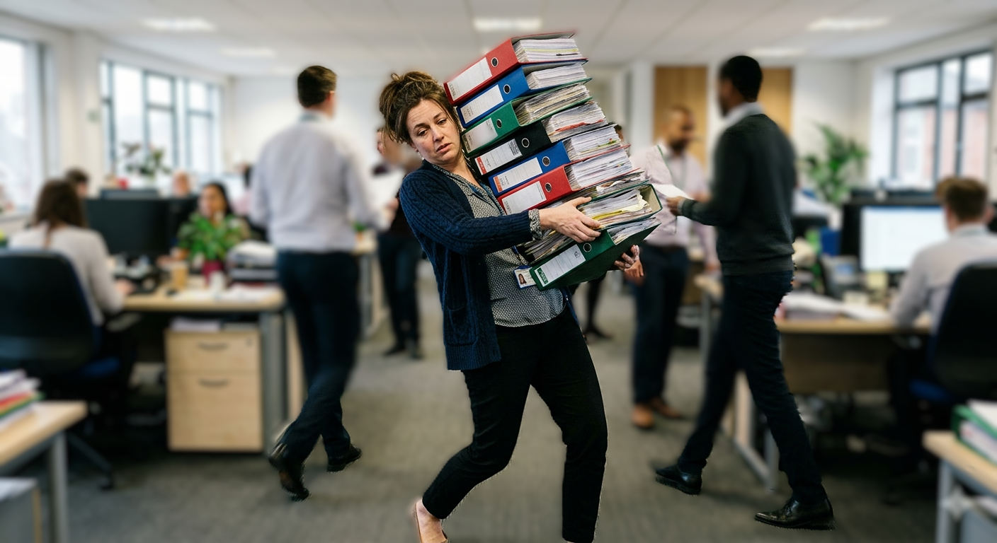 Woman carrying heavy folders in the office
