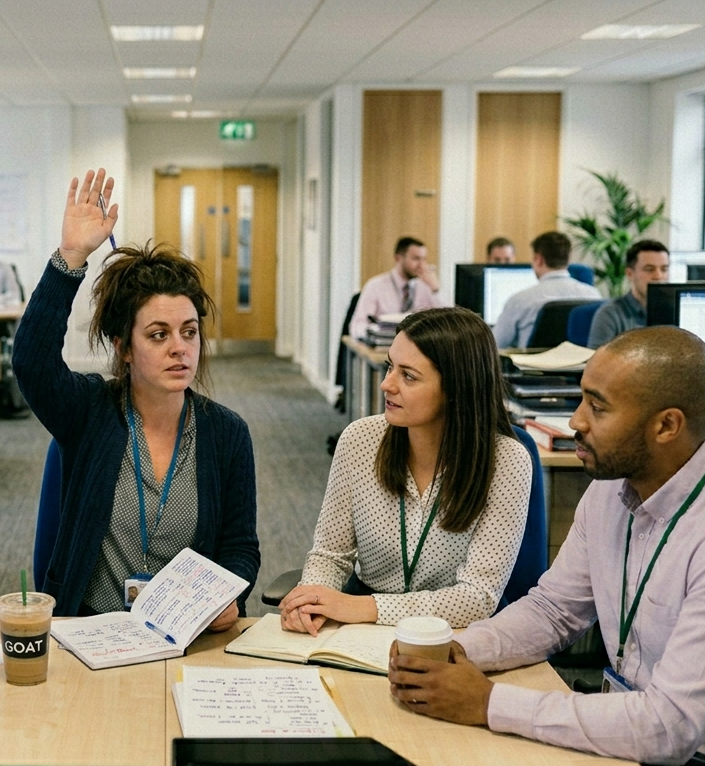 Woman volunteering in a meeting and others looking on, smiling