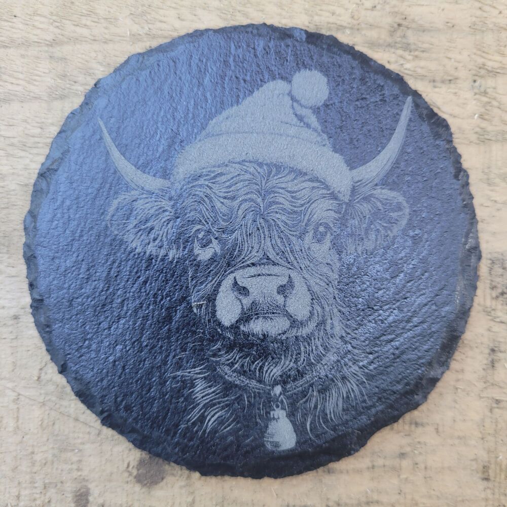 Baby Highland Cow Coaster With Santa Hat