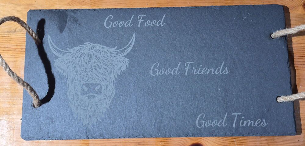 Highland Cow Slate Platter 40cm x 20cm With Rope Handles