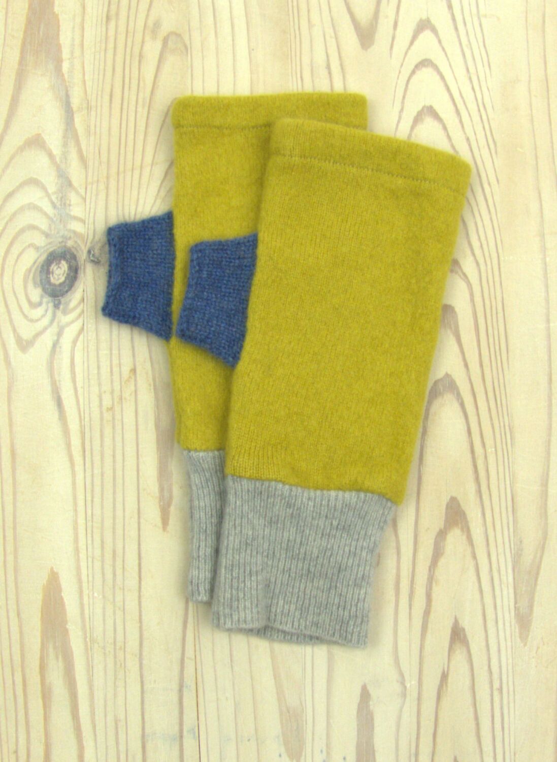 Upcycled Cashmere Gloves In Mustard Yellow, Grey and Blue