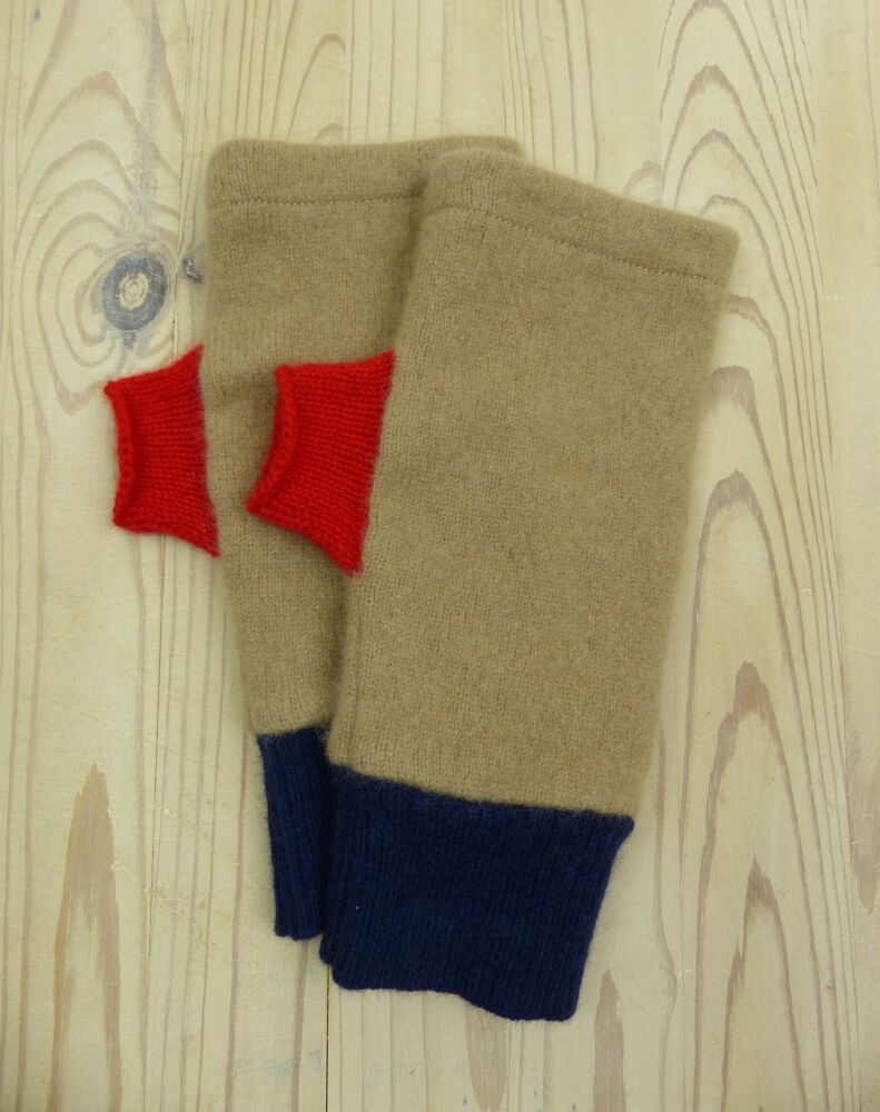 Upcycled Cashmere Gloves In Tan, Blue And Red