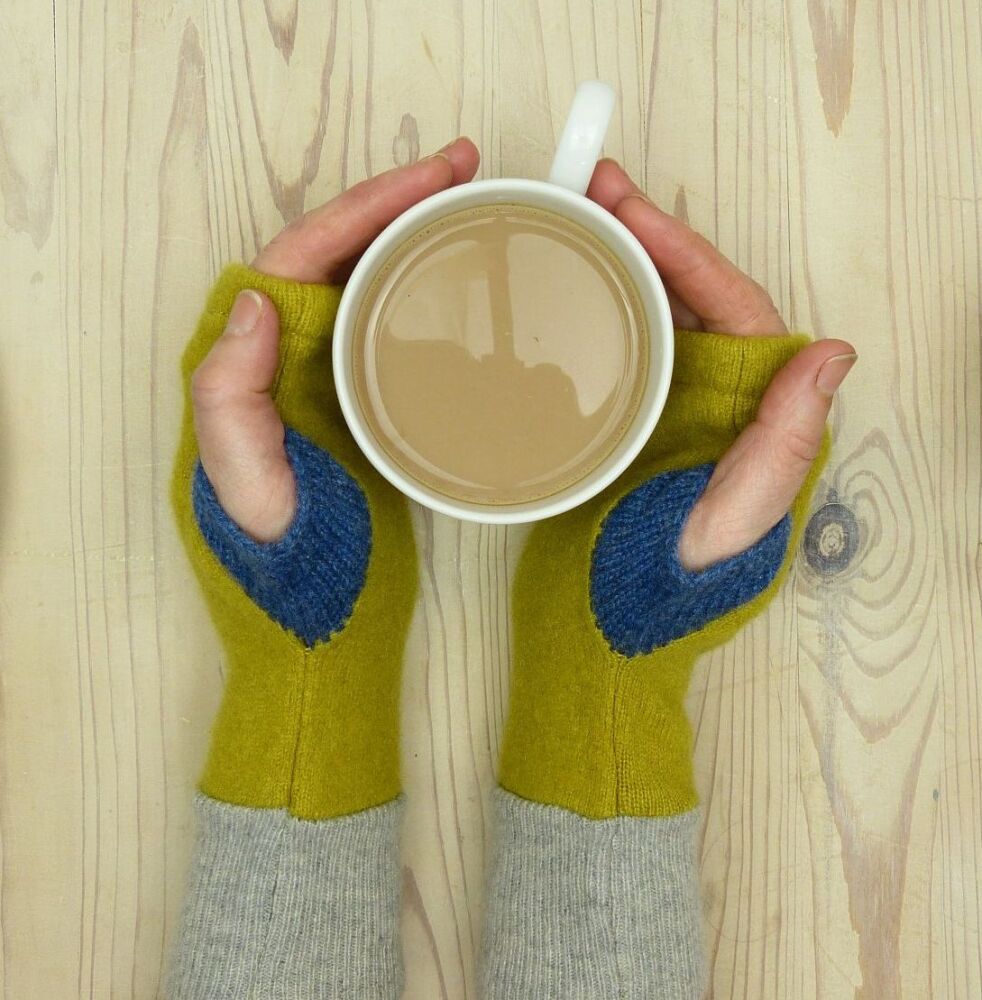 Upcycled Cashmere Gloves In Mustard Yellow, Grey and Blue