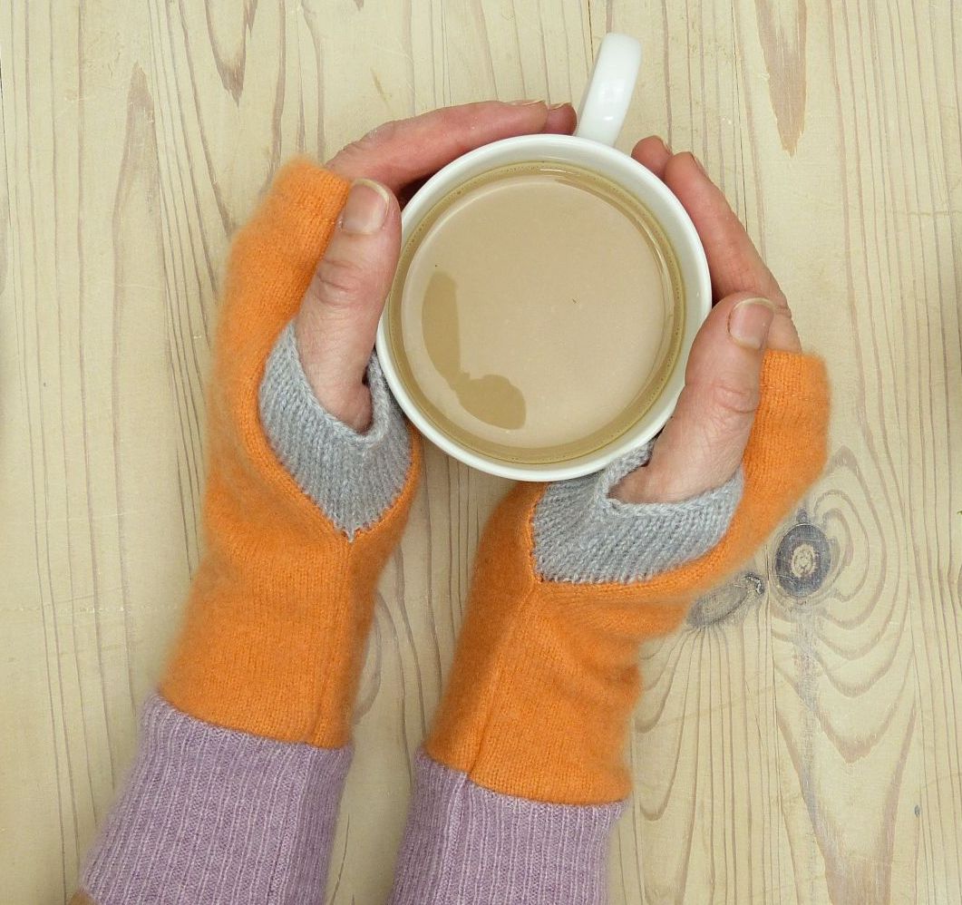 Upcycled Cashmere Gloves In Orange, Lilac And Grey