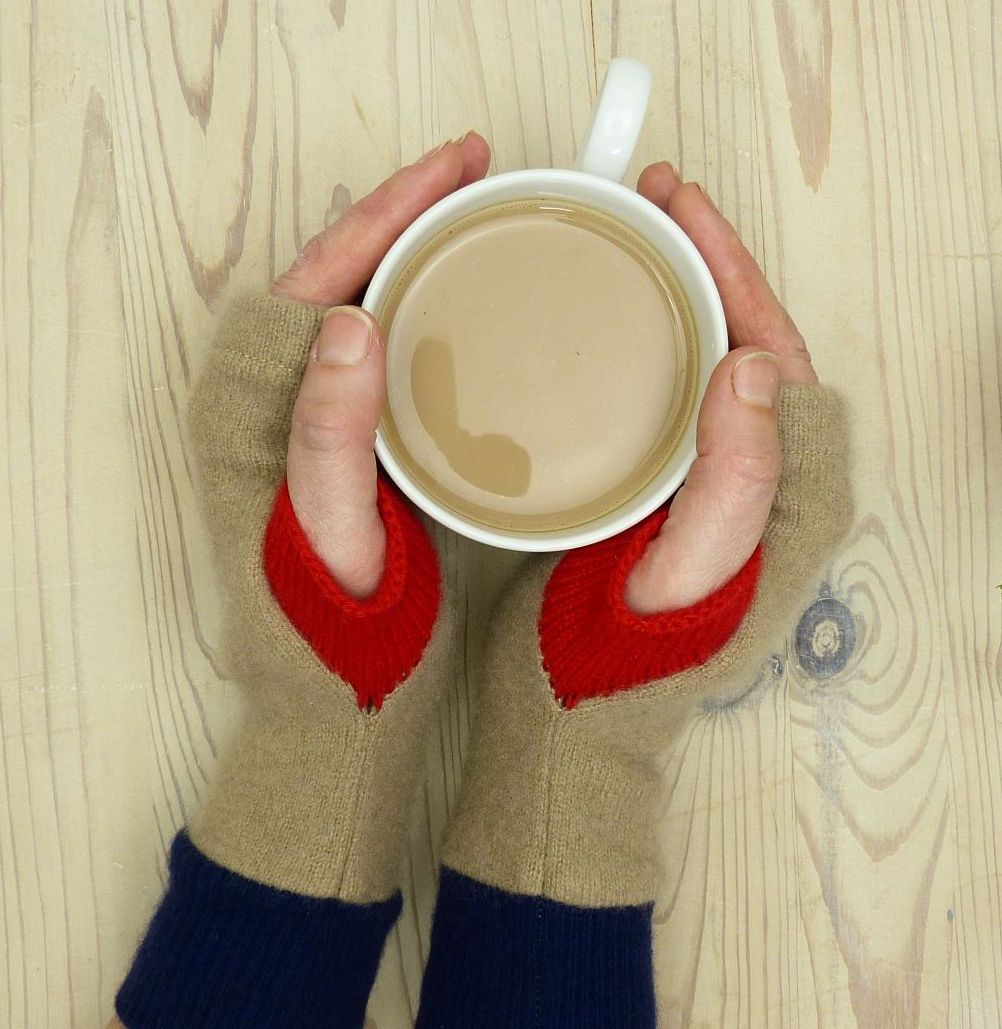 Upcycled Cashmere Gloves In Tan, Blue And Red