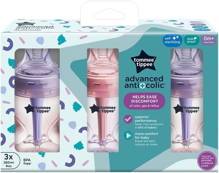 Baby Feeding Bottle Tommee&acirc;&macr;Tippee AC Advanced &acirc;&macr;260&acirc;&macr;ml for 0+m 3Pk Pink & Purple